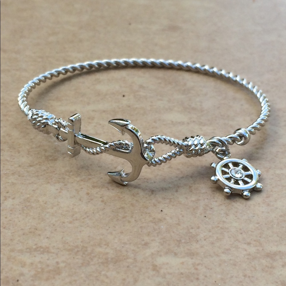 Silver Tone Rope Nautical Anchor Ship Wheel Bangle